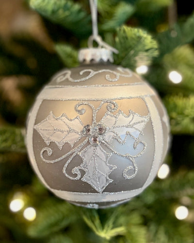 SILVER HOLLY ROUND GLASS HANGING ORNAMENT SHD720