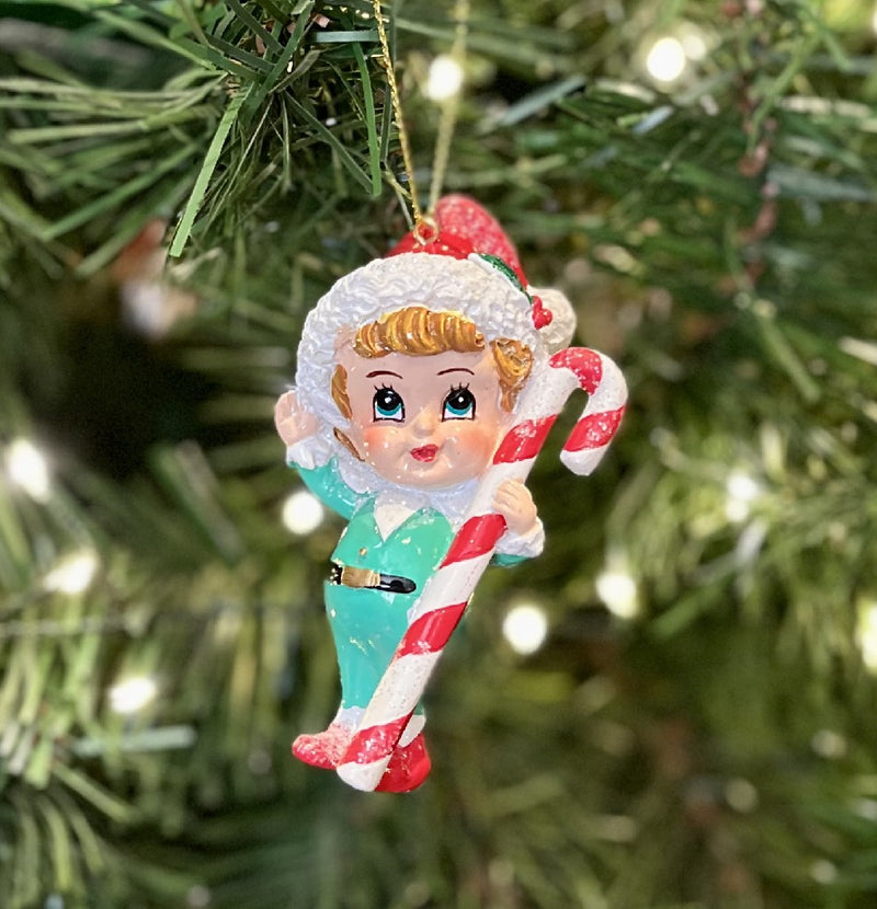 RETRO CHRISTMAS CHILD MINT WITH CANDY CANE HANGING ORNAMENT SHD820