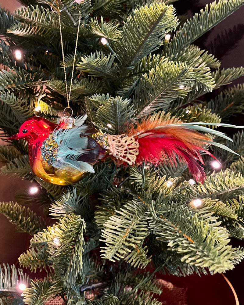 RED & YELLOW GLASS BIRD HANGING ORNAMENT SHD833