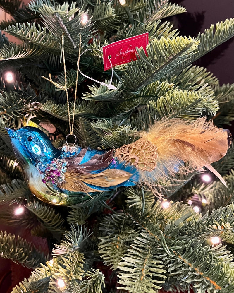 BLUE & YELLOW GLASS BIRD HANGING ORNAMENT SHD834