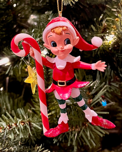 RETRO ELF WITH CANDY CANE HANGING ORNAMENT SHD1009