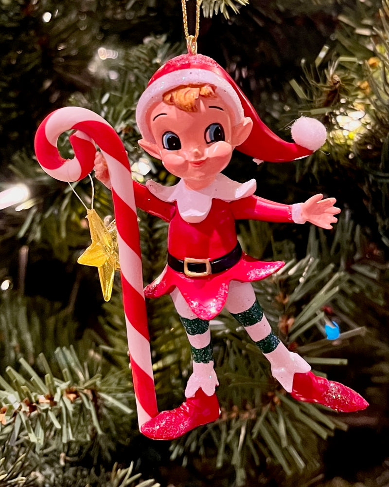 RETRO ELF WITH CANDY CANE HANGING ORNAMENT SHD1009