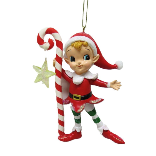 RETRO ELF WITH CANDY CANE HANGING ORNAMENT SHD1009