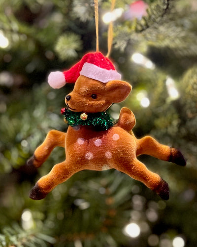 VELVET REINDEER WITH SANTA HAT HANGING ORNAMENT SHD1050