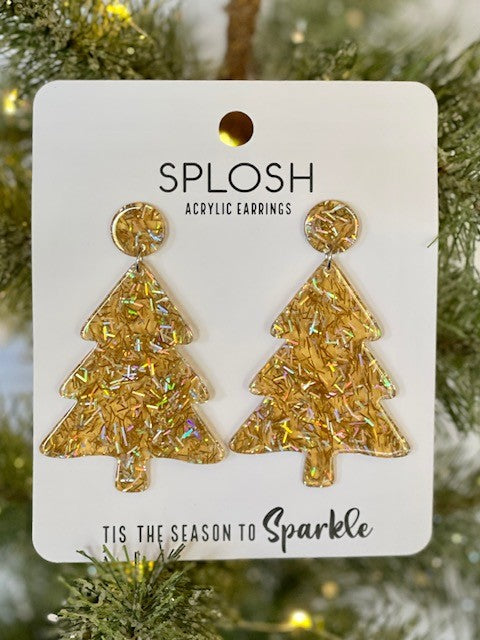GOLD GLITTER CHRISTMAS TREE ACRYLIC EARRINGS