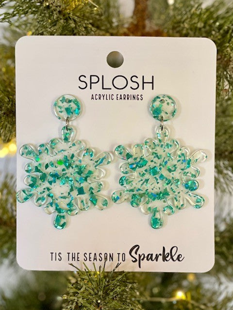 BLUE GLITTER SNOWFLAKE ACRYLIC EARRINGS