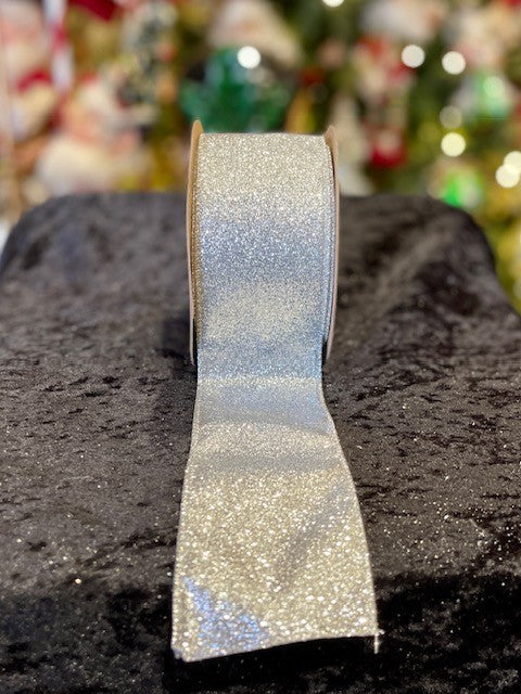 SILVER GLITTER WIRE EDGED RIBBON - 2.5 INCH X268285