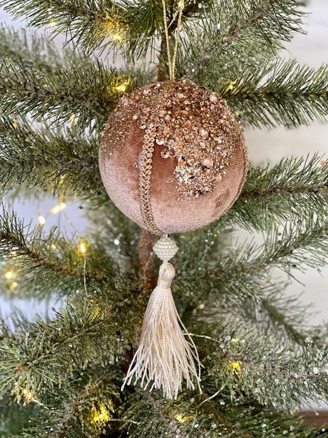 TAUPE PINK GLITTER BAUBLE WITH TASSEL X300428