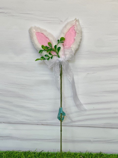 PINK & WHITE PLUSH BUNNY EARS WITH WHITE ORGANZA BOW PICK EA20358