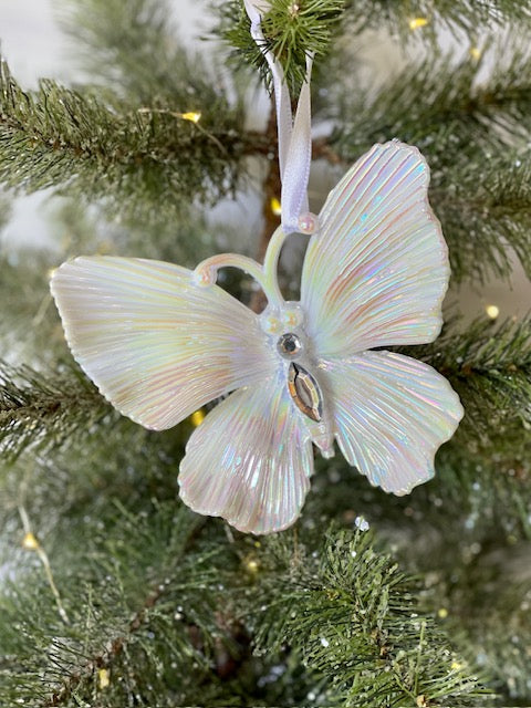 WHITE IRRIDECENT BUTTERFLY HANGING ORNAMENT X358405