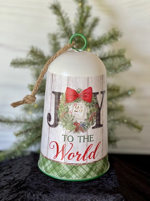 WHITE METAL BELL WITH JOY TO THE WORLD DECAL X364352