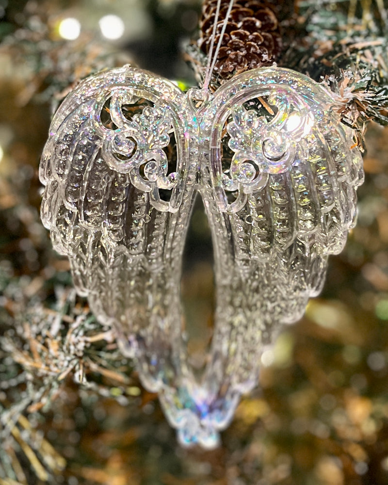 WHITE IRIDESCENT ANGEL WING ACRYLIC ORNAMENT X374863