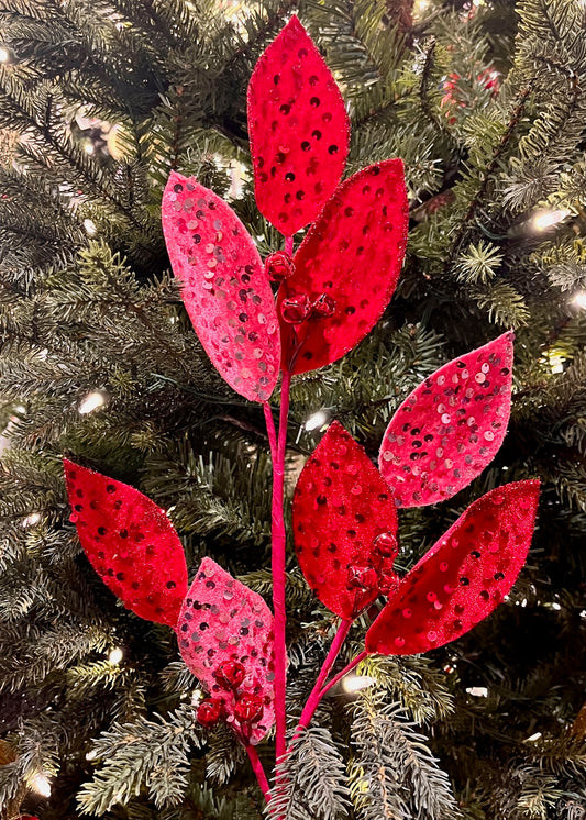 68CM RED & PINK SEQUIN LEAF STEM X419700