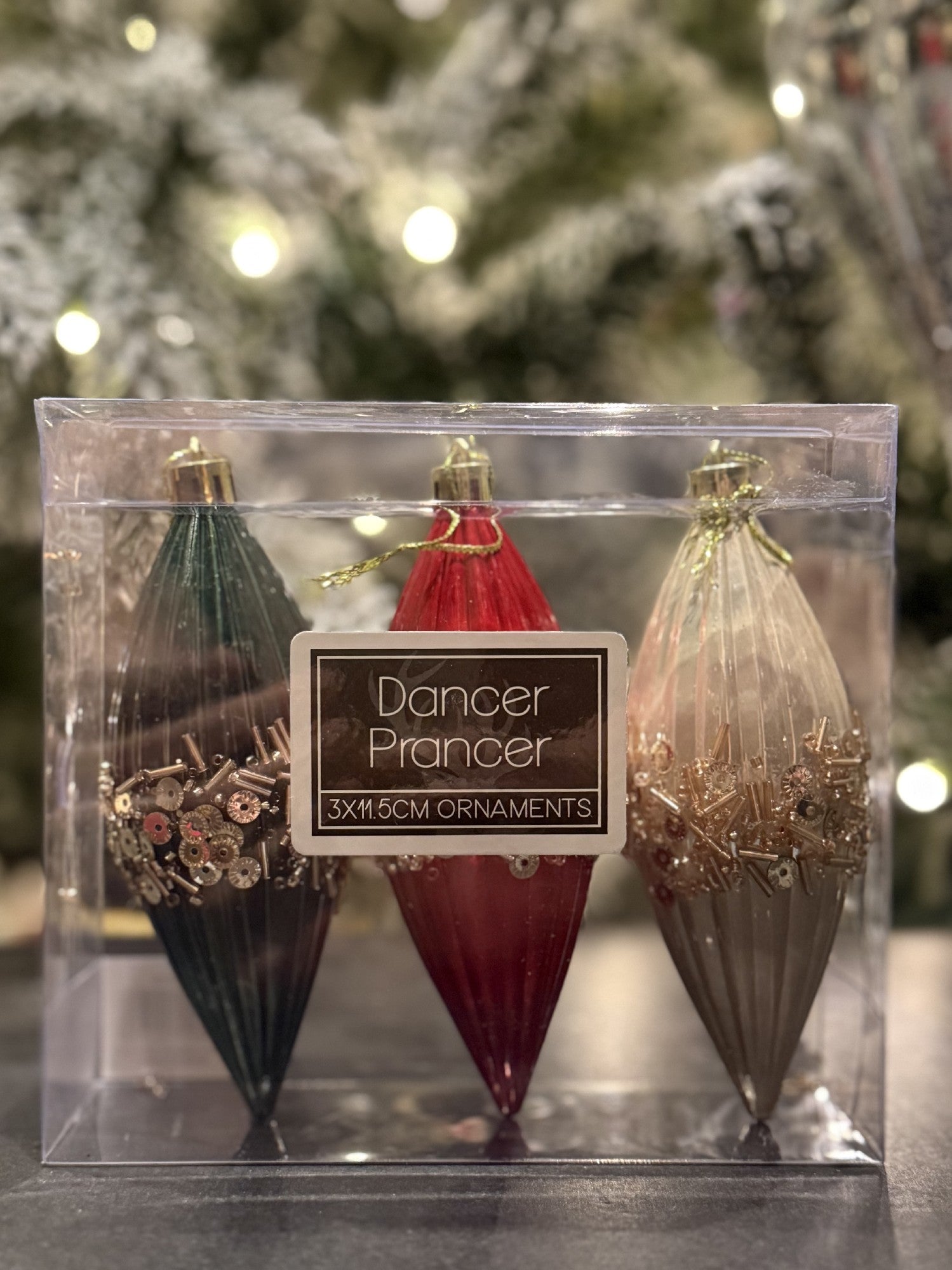 RED, PEARL CHAMPAGNE, GREEN FINIAL ORNAMENTS 3 PACK X421956