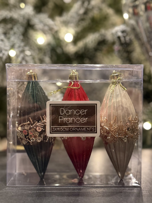 RED, PEARL CHAMPAGNE, GREEN FINIAL ORNAMENTS 3 PACK X421956
