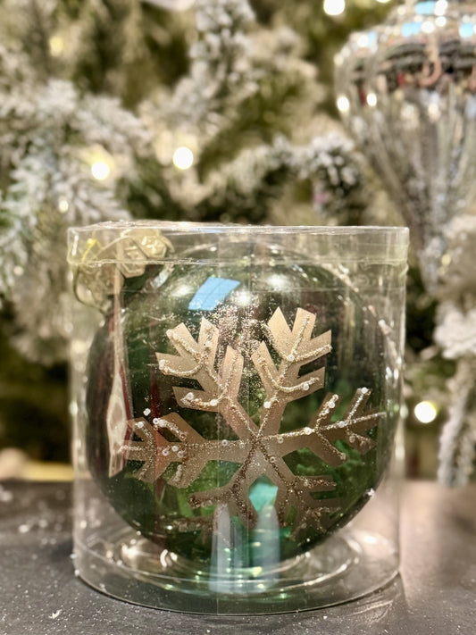 15CM GREEN SHATTERPROOF BAUBLE W/HANDPAINTED CHAMPAGNE SNOWFLAKE X435762