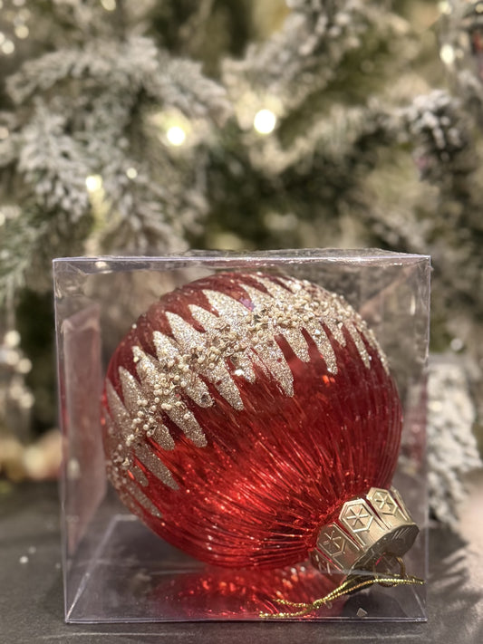 13CM RED SHATTERPROOF BAUBLE W/CHAMPAGNE GLITTER DETAILS X435786