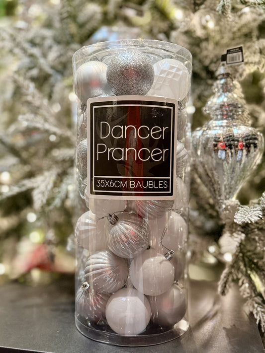 35 PACK OF 6CM WHITE & SILVER BAUBLES X435830