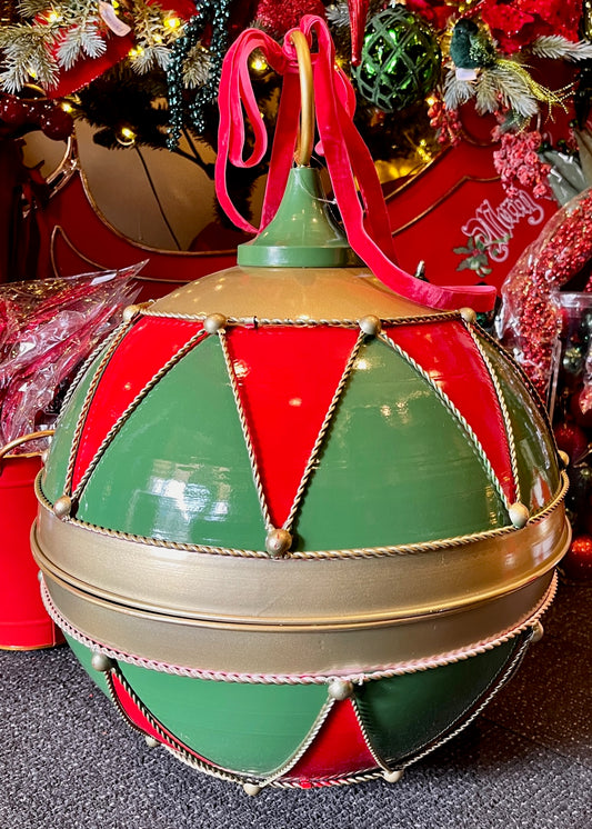 40CM RED, GREEN, GOLD ANTIQUE FINISH HARLEQUIN METAL BAUBLE BELL X443194