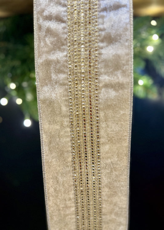 CHAMPAGNE VELVET RIBBON WITH CHAMPAGNE DIAMONTE DETAIL & CHAMPAGNE WIRE EDGE X443774