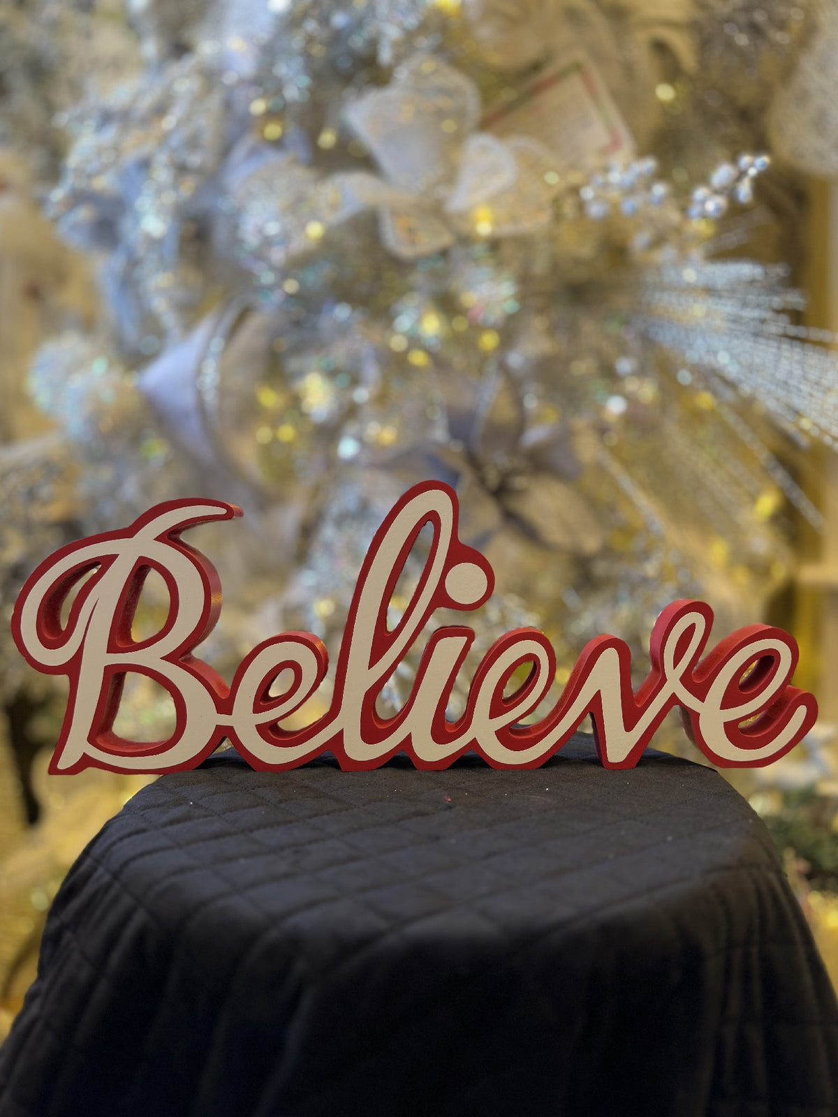 Mark In Cursive RED & WHITE BELIEVE CURSIVE SIGN X443903 – Making Spirits Bright