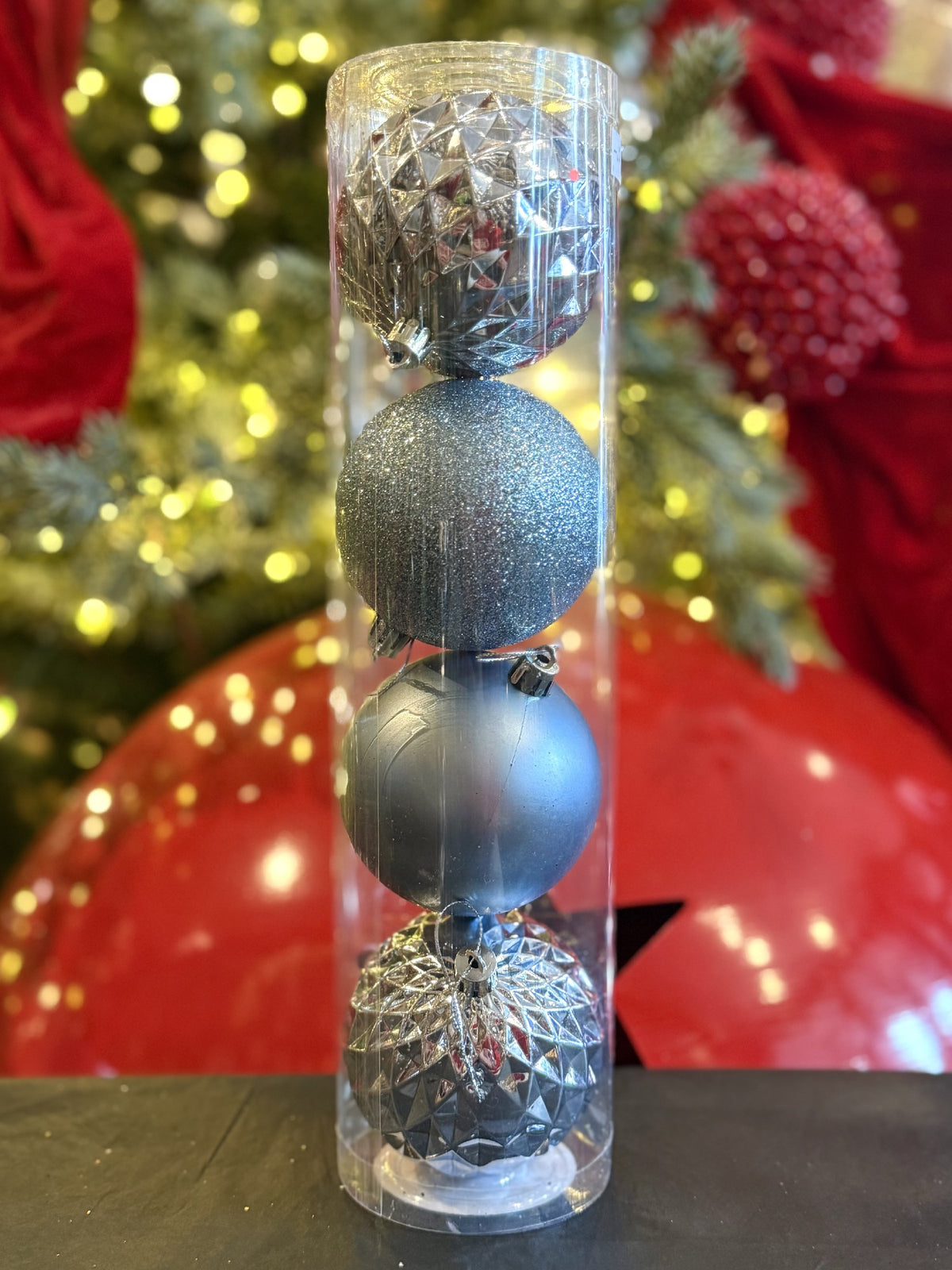 4PK 8CM ARCTIC BLUE SHATTERPROOF BAUBLES IN PVC TUBE & BLACK 