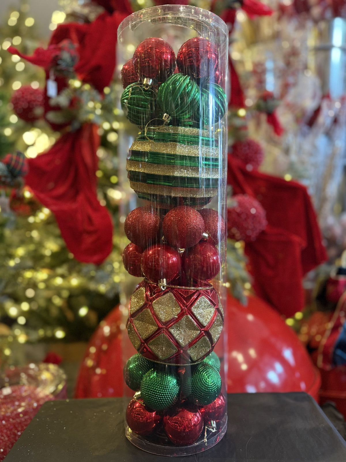32PK SHATTERPROOF BAUBLE 30X6CM 2X15CM RED, GREEN WITH CHAMPAGNE GLITTER DETAILS X466841