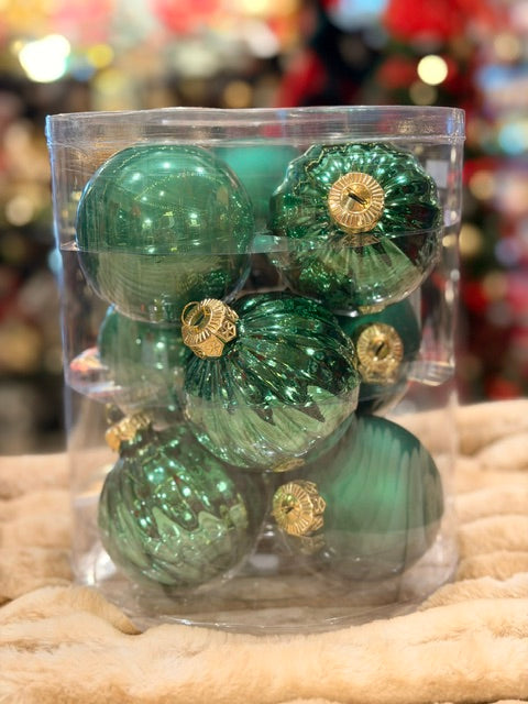9 PACK 8CM EMERALD GLASS BAUBLES X487549
