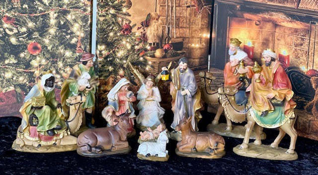 LARGE 11 PC NATIVITY SET WITH WISE MEN ON CAMELS