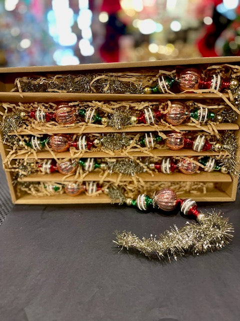 ROSE GOLD, RED, GREEN RETRO BAUBLE GLASS GARLAND X250612