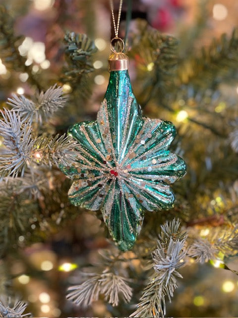 TEAL MERCURY FINISH STAR GLASS HANGING ORNAMENT X250243