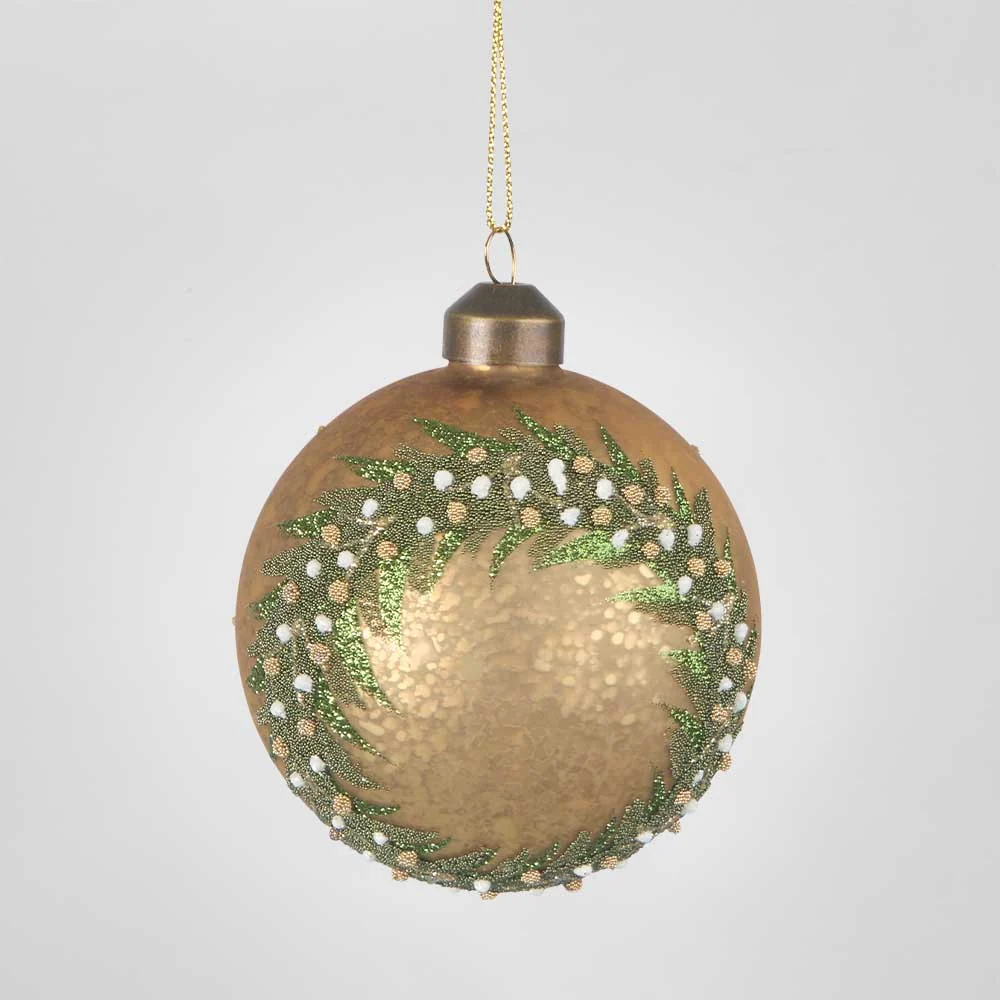 GOLD MERCURY FINISH WITH GREEN WREATH ROUND GLASS HANGING ORNAMENT X250247