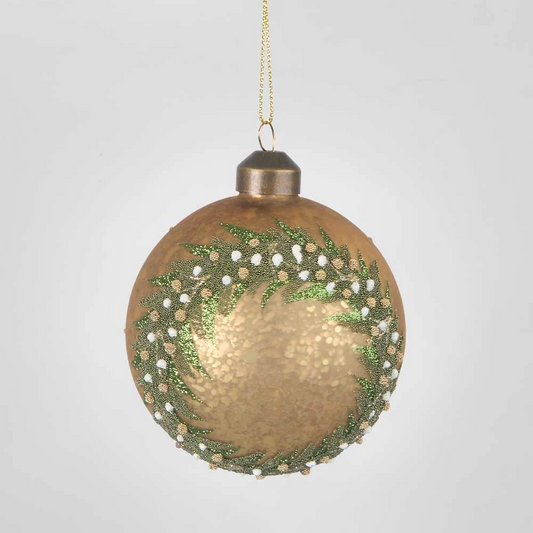 GOLD MERCURY FINISH WITH GREEN WREATH ROUND GLASS HANGING ORNAMENT X250247