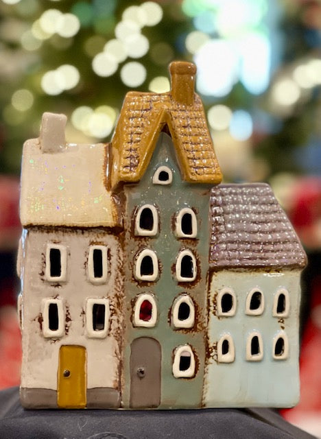 BLUE GREY STONEWARE TRIPLE TEALIGHT HOUSE LH007