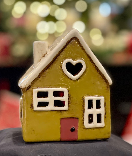 MUSTARD WITH HEART WINDOW STONEWARE TEALIGHT HOUSE LH014