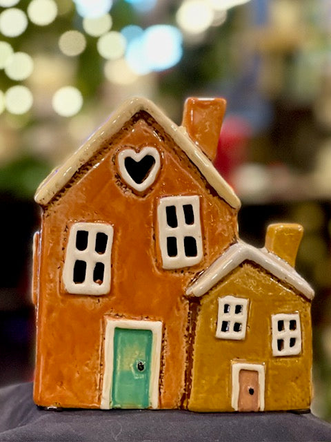 ORANGE & MUSTARD DOUBLE STONEWARE TEALIGHT HOUSE LH017