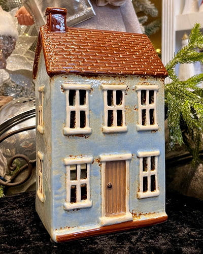 LIGHT BLUE STONEWARE TEALIGHT HOUSE LH026