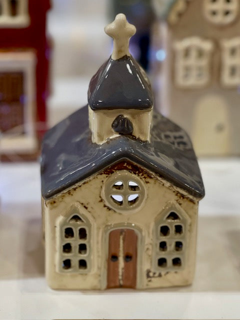 STONEWARE VILLAGE TEALIGHT HOUSE - CHURCH CREAM & BLUE LH058