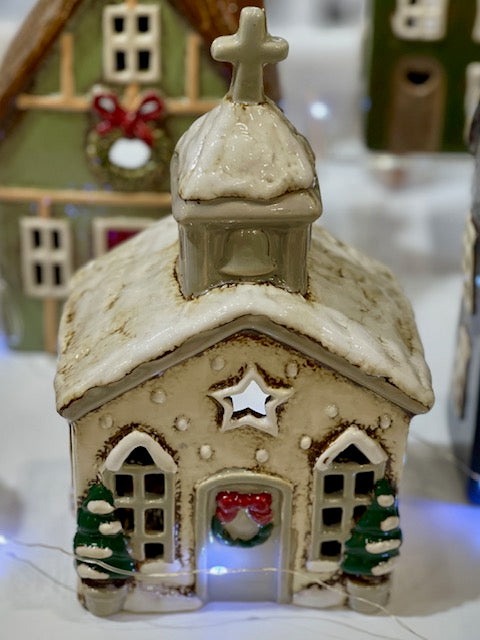 STONEWARE VILLAGE TEALIGHT HOUSE - CHRISTMAS CHURCH LH060