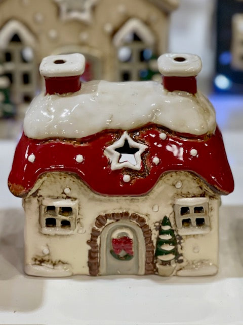 STONEWARE VILLAGE TEALIGHT HOUSE - RED CHRISTMAS SNOW HOUSE LH061