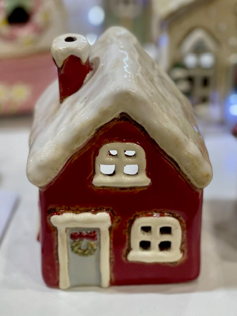 STONEWARE VILLAGE TEALIGHT HOUSE - RED CHRISTMAS COTAGE LH064