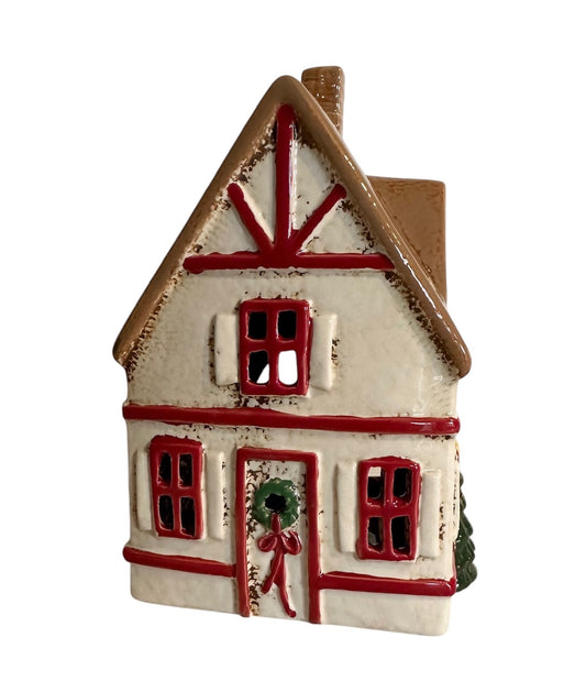STONEWARE VILLAGE TEALIGHT HOUSE - CHRISTMAS CREAM HOUSE LH069