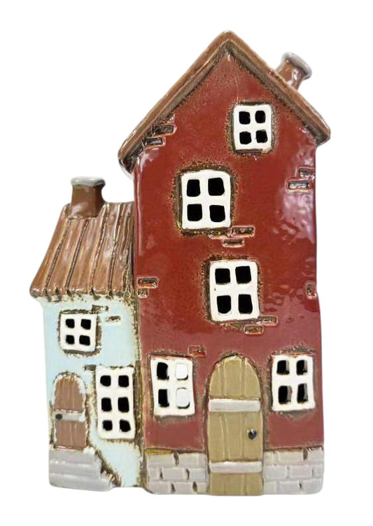 STONEWARE VILLAGE TEALIGHT HOUSE - BLUE & RED DOUBLE HOUSE LH109