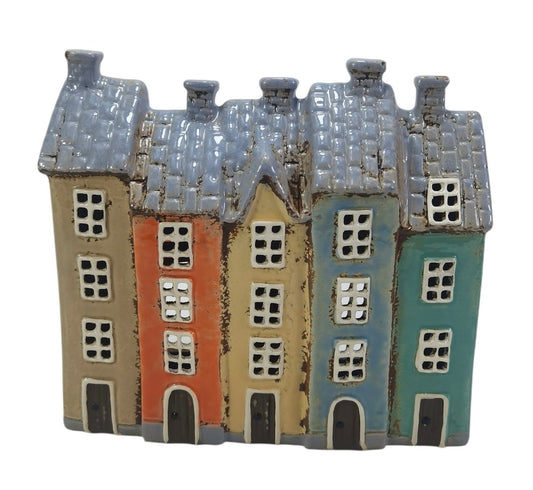 STONEWARE VILLAGE TEALIGHT HOUSE - COLOUR ROW OF FIVE HOUSES LH114