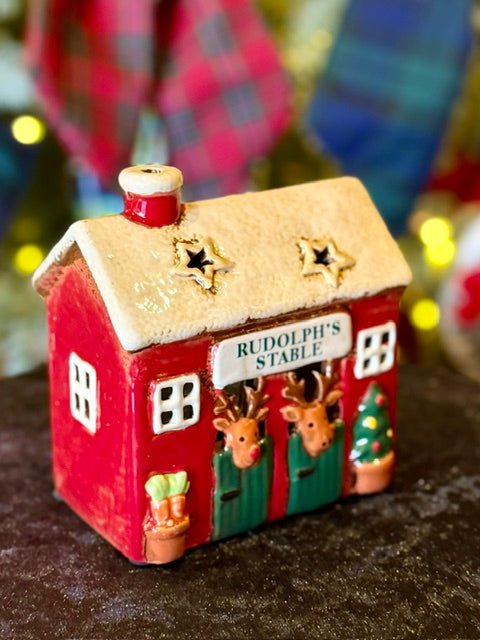 STONEWARE TEALIGHT HOUSE - RUDOLPH'S STABLE LH143