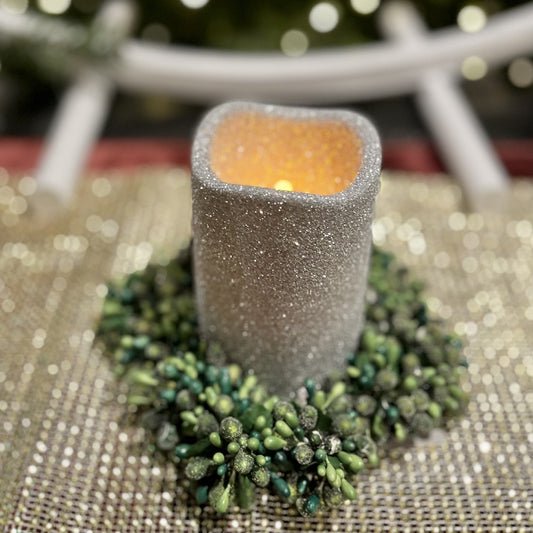 LUSTRE FLAMELESS SILVER GLITTER LED CANDLE MEDIUM LD6940-1