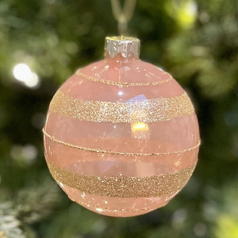 CLEAR PINK WITH GOLD GLITTER STRIPE ROUND GLASS ORNAMENT HP9031-6
