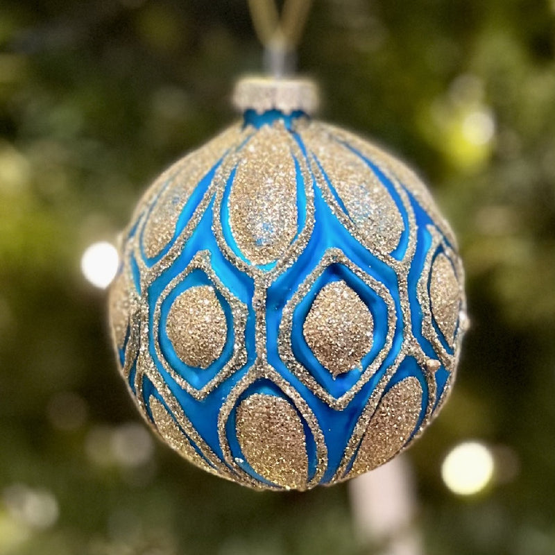 TURQUOISE BLUE WITH GOLD DIAMOND ROUND GLASS ORNAMENT HP9038-6