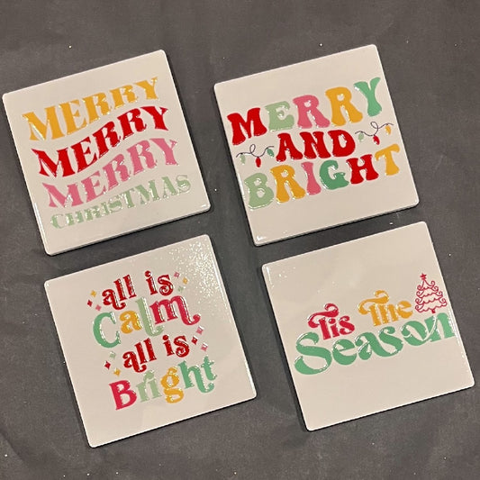 SET OF 4 MERRY & BRIGHT COASTERS IN BOX LD7154-1