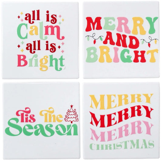 SET OF 4 MERRY & BRIGHT COASTERS IN BOX LD7154-1